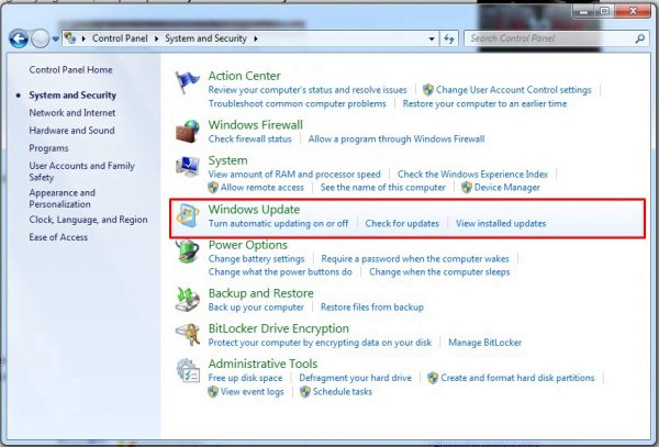 Control Panel Windows Update