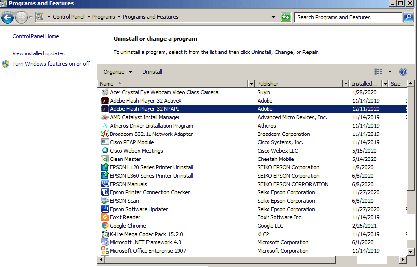 Uninstall Salah Satu Program
