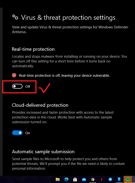 Klik toggle Real-Time Protection